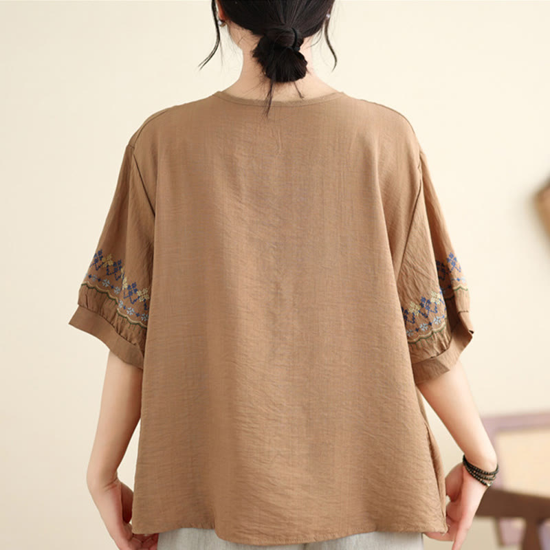 Buddha Stones Vintage Half Sleeve Embroidery Design Cotton Linen T-shirt Tee - image 8