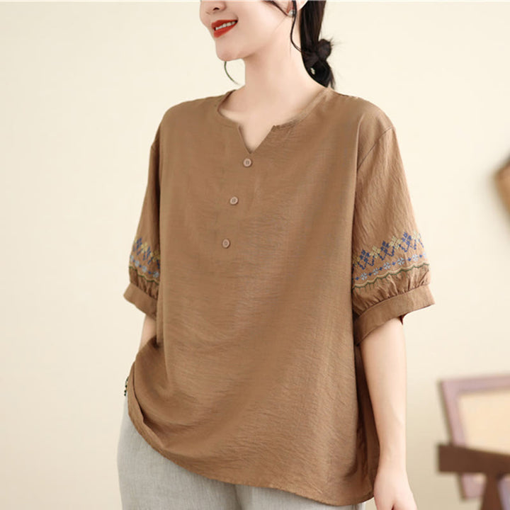 Buddha Stones Vintage Half Sleeve Embroidery Design Cotton Linen T-shirt Tee - BurlyWood - US4-6，UK/AU8-10，EU36-38 (F) - image 7