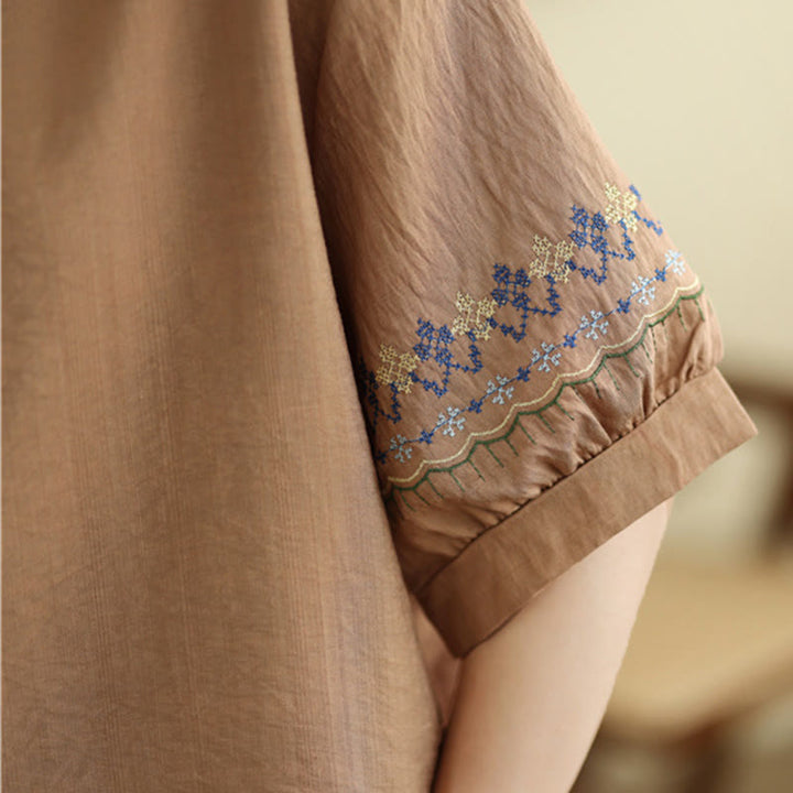 Buddha Stones Vintage Half Sleeve Embroidery Design Cotton Linen T-shirt Tee - image 13