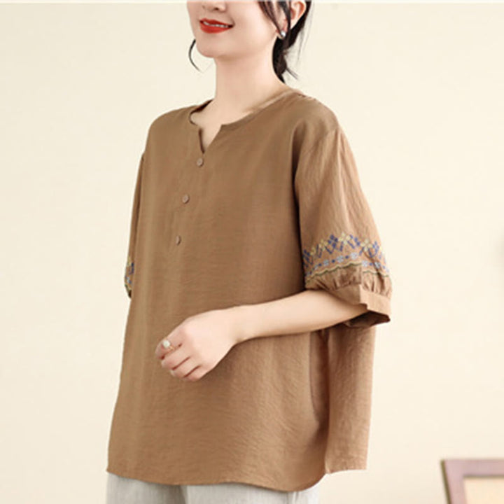 Buddha Stones Vintage Half Sleeve Embroidery Design Cotton Linen T-shirt Tee - image 16
