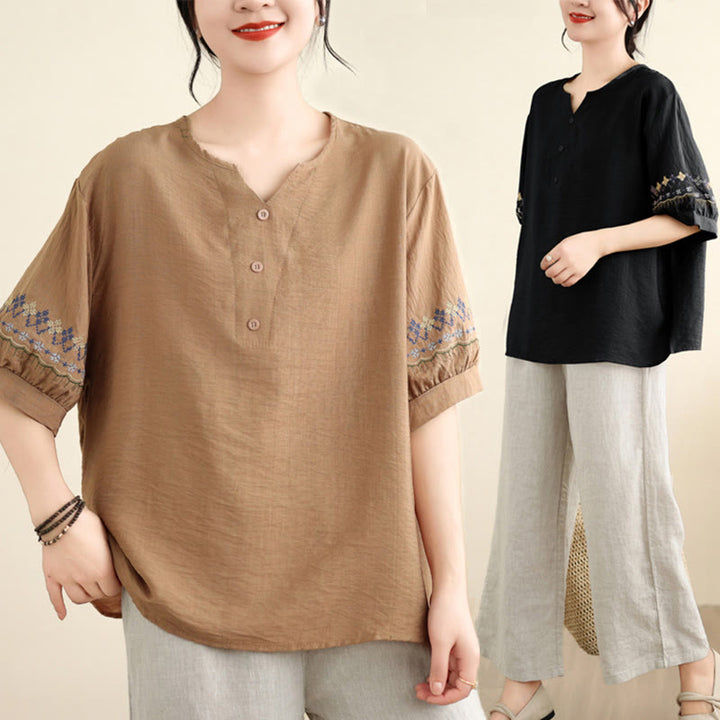 Buddha Stones Vintage Half Sleeve Embroidery Design Cotton Linen T-shirt Tee - image 17