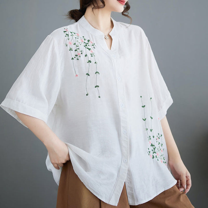 Buddha Stones Women's Button Down Flower Vines Embroidery Design Half Sleeve Cotton Shirt