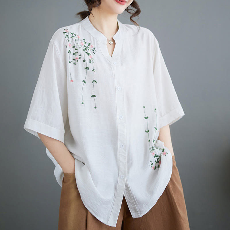 Buddha Stones Women's Button Down Flower Vines Embroidery Design Half Sleeve Cotton Shirt