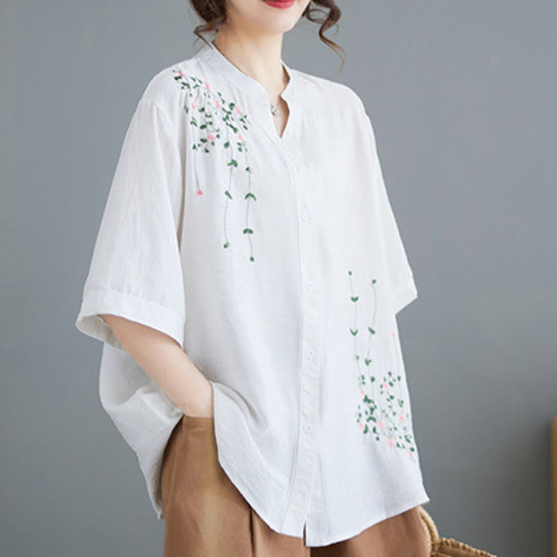 Buddha Stones Women's Button Down Flower Vines Embroidery Design Half Sleeve Cotton Shirt