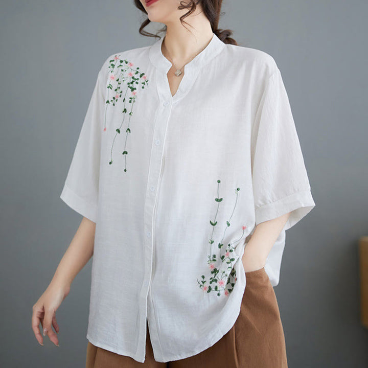 Buddha Stones Women's Button Down Flower Vines Embroidery Design Half Sleeve Cotton Shirt