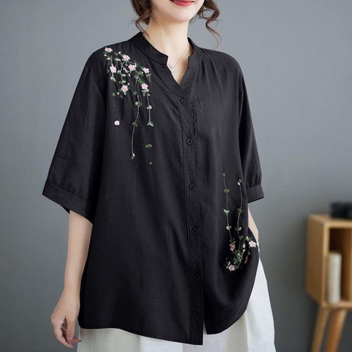 Buddha Stones Women's Button Down Flower Vines Embroidery Design Half Sleeve Cotton Shirt