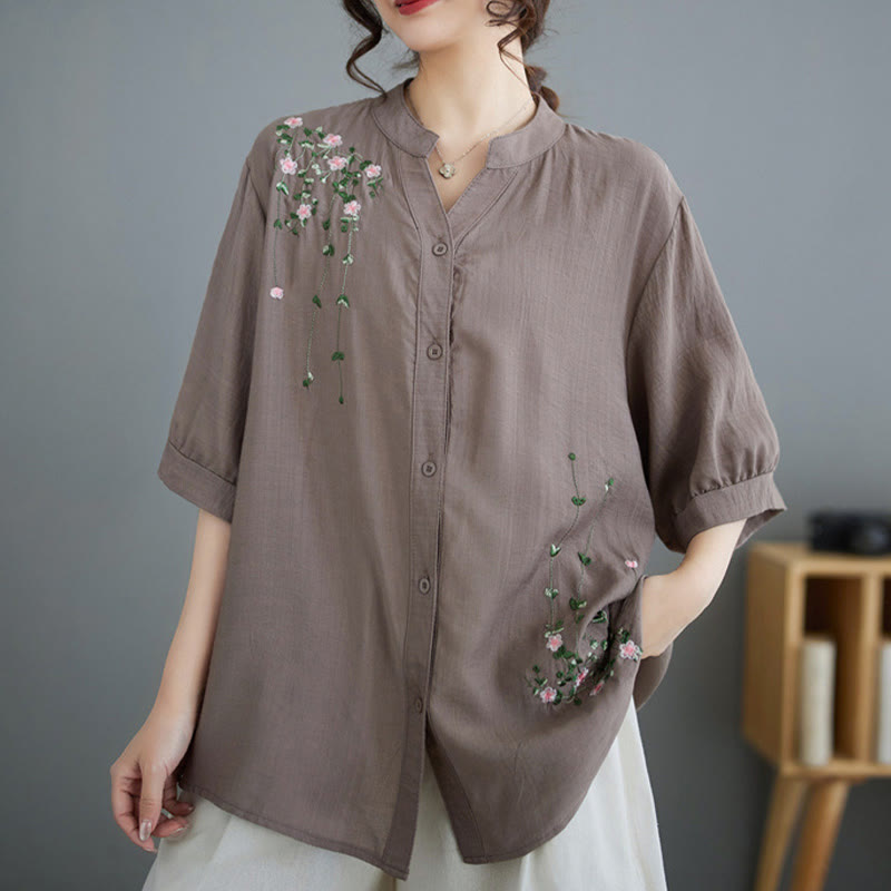 Buddha Stones Women's Button Down Flower Vines Embroidery Design Half Sleeve Cotton Shirt