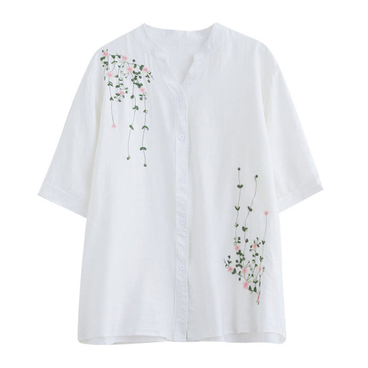 Buddha Stones Women's Button Down Flower Vines Embroidery Design Half Sleeve Cotton Shirt