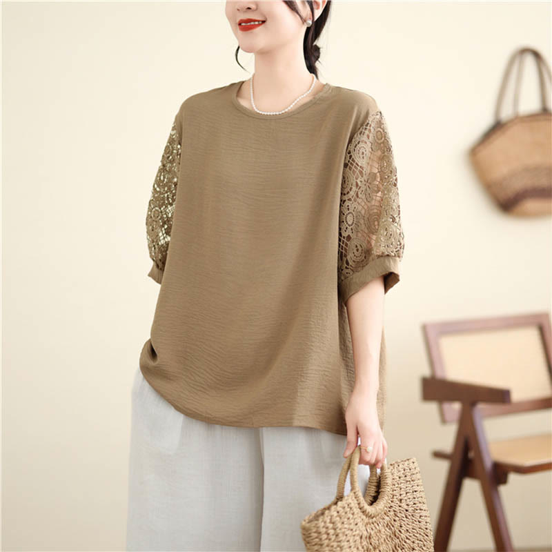 Buddha Stones Women's Lace Sleeve Design Crew Neck T-shirt Tee