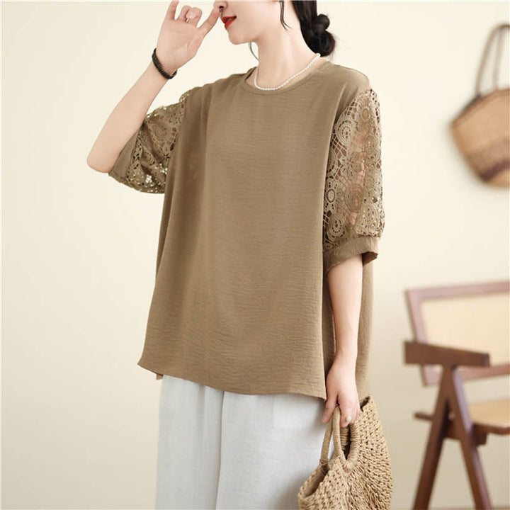 Buddha Stones Women's Lace Sleeve Design Crew Neck T-shirt Tee