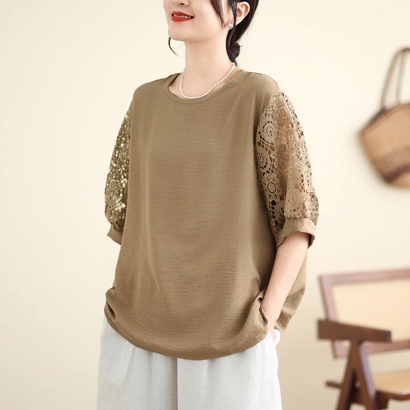 Buddha Stones Women's Lace Sleeve Design Crew Neck T-shirt Tee