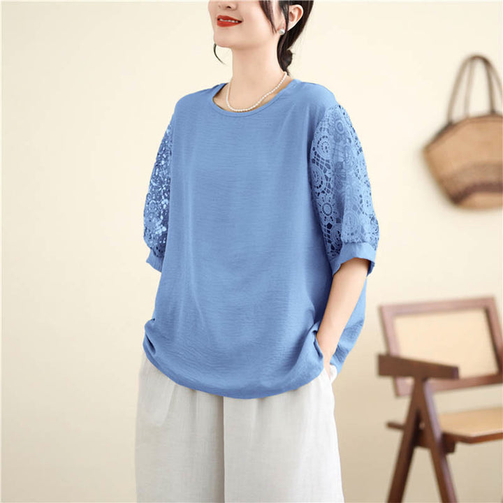 Buddha Stones Women's Lace Sleeve Design Crew Neck T-shirt Tee