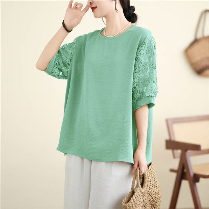 Buddha Stones Women's Lace Sleeve Design Crew Neck T-shirt Tee