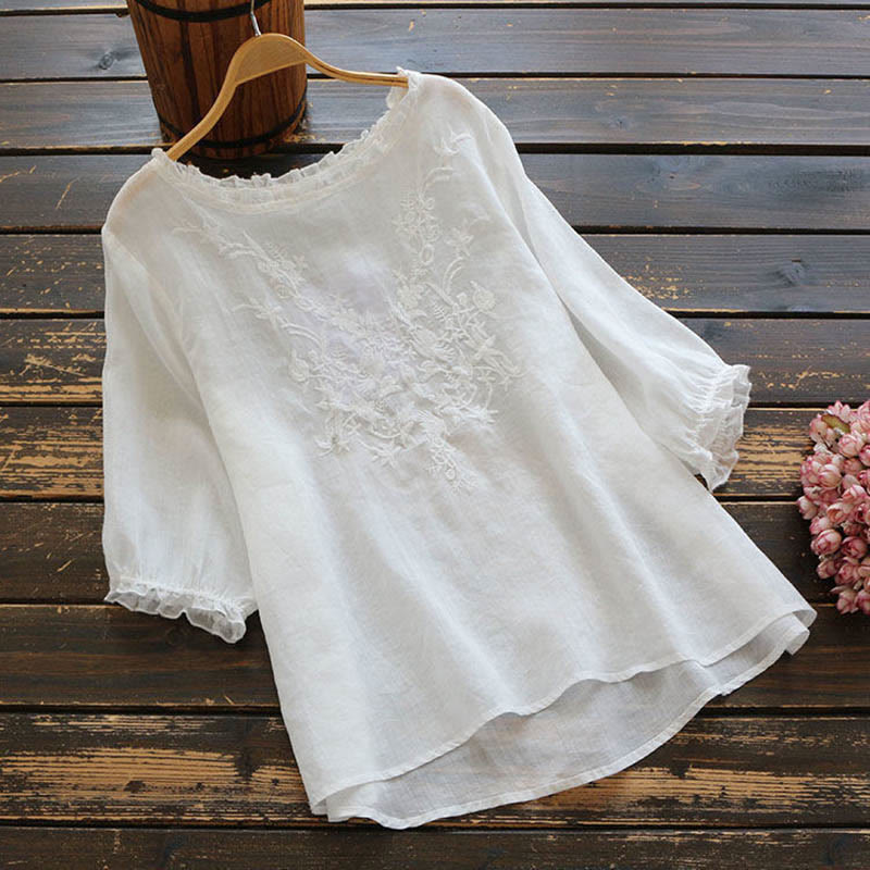 Buddha Stones Women's Flower Embroidery Design Crew Neck T-shirt Tee - White - US14，UK/AU18，EU46 (4XL) - image 2