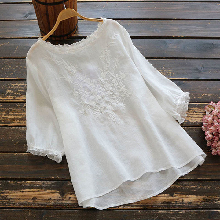 Buddha Stones Women's Flower Embroidery Design Crew Neck T-shirt Tee - White - US14，UK/AU18，EU46 (4XL) - image 2