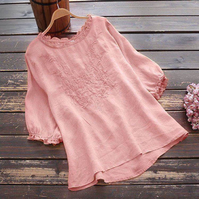 Buddha Stones Women's Flower Embroidery Design Crew Neck T-shirt Tee - LightPink - US14，UK/AU18，EU46 (4XL) - image 14
