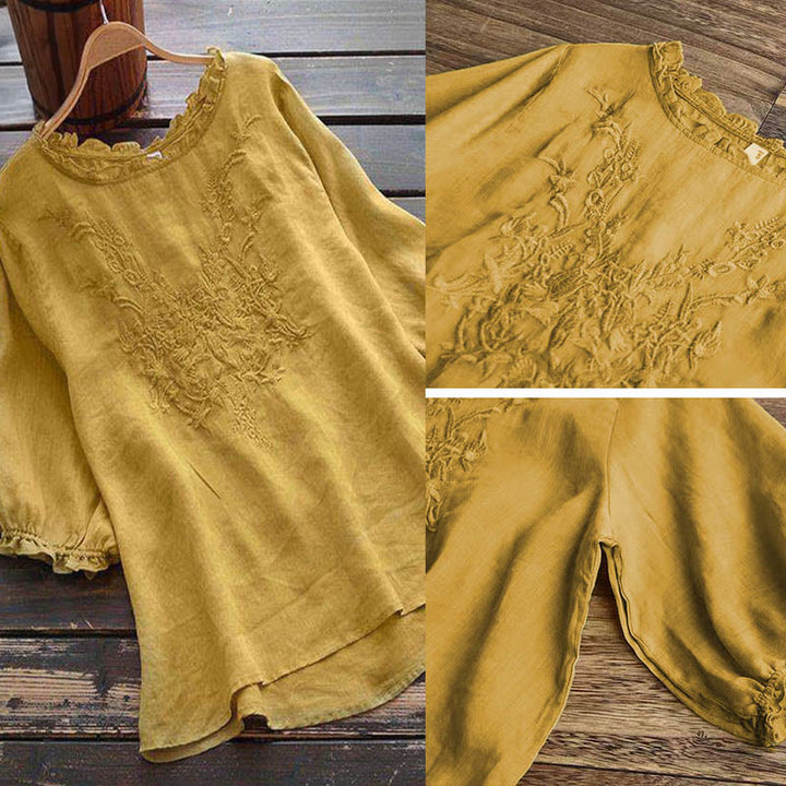 Buddha Stones Women's Flower Embroidery Design Crew Neck T-shirt Tee - image 9