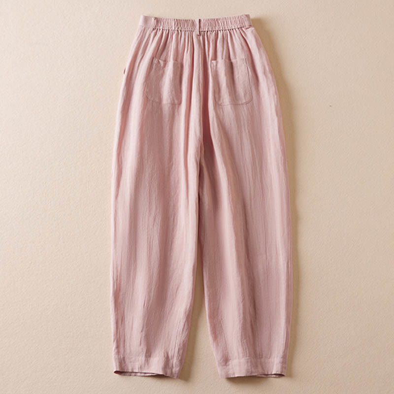 Buddha Stones Summer Solid Color Cotton Straight Leg Pants With Pockets