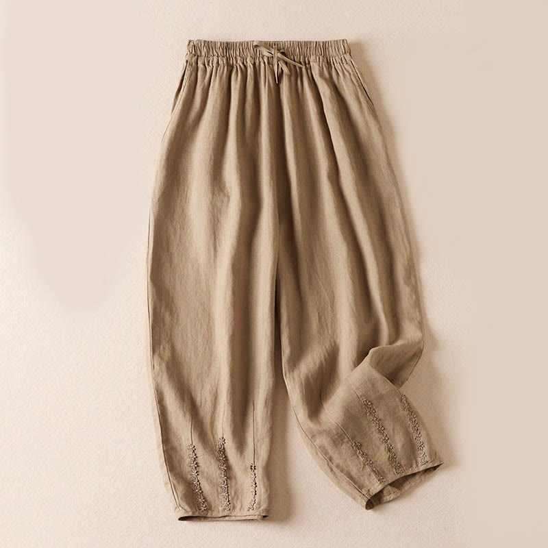 Buddha Stones Summer Small Flower Embroidery  Harem Pants With Pockets - Wheat - US8-10，UK/AU12-14，EU40-42 (2XL) - image 1