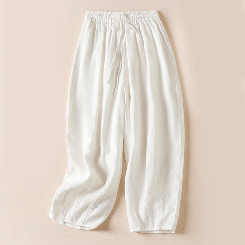 Buddha Stones Summer Small Flower Embroidery  Harem Pants With Pockets - White - US8-10，UK/AU12-14，EU40-42 (2XL) - image 18