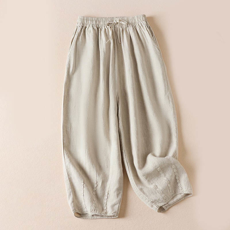 Buddha Stones Summer Small Flower Embroidery  Harem Pants With Pockets - Linen - US8-10，UK/AU12-14，EU40-42 (2XL) - image 26