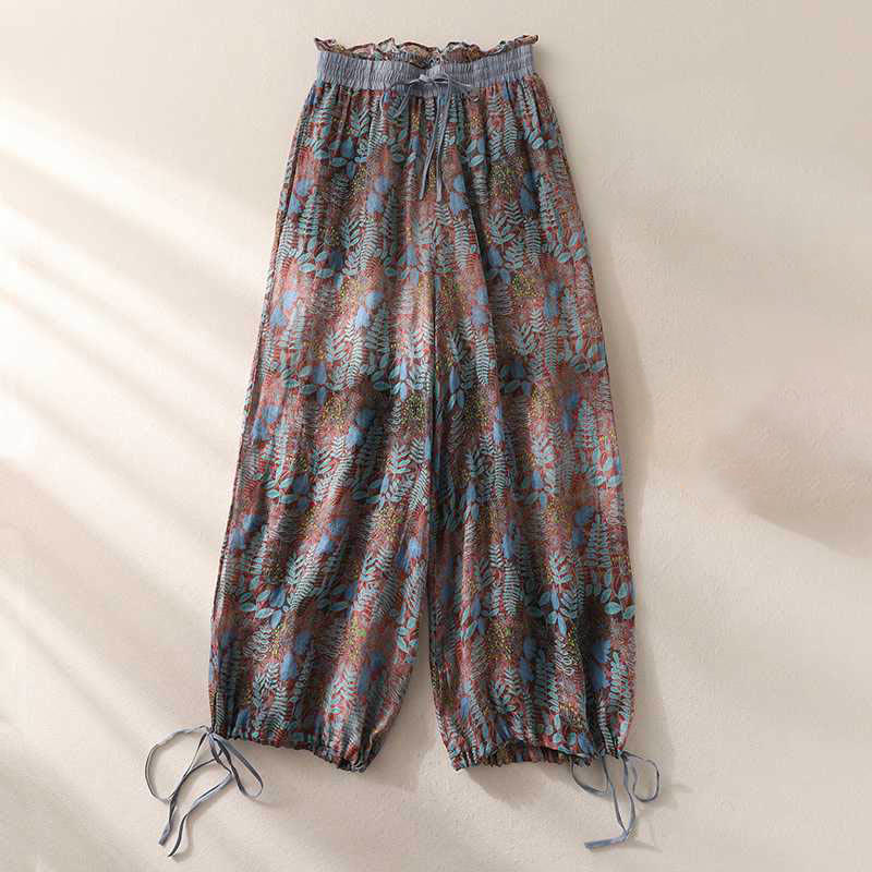 Buddha Stones Summer Women's Blue Leaves Plants Pants With Pockets - US8-10，UK/AU12-14，EU40-42 (2XL) - image 1