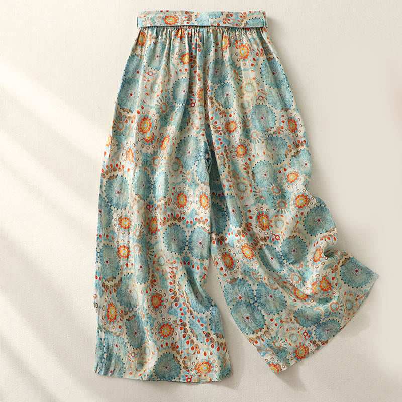 Buddha Stones Blue Circular Print Cotton Linen Lace-up Wide Leg Pants With Pockets