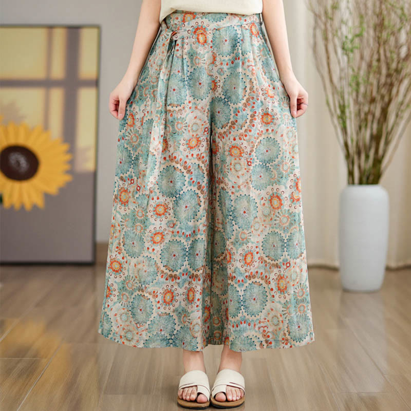 Buddha Stones Blue Circular Print Cotton Linen Lace-up Wide Leg Pants With Pockets