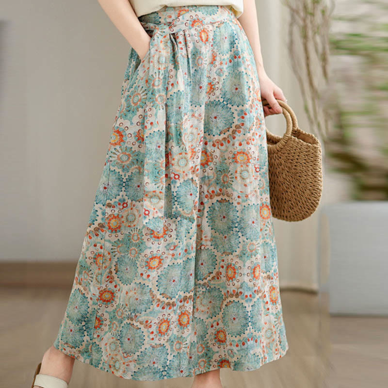 Buddha Stones Blue Circular Print Cotton Linen Lace-up Wide Leg Pants With Pockets