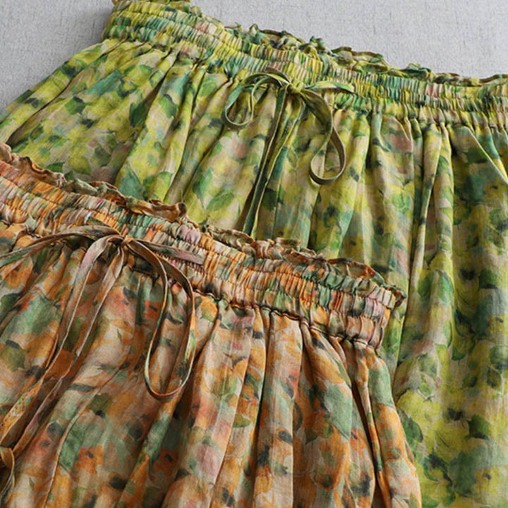 Buddha Stones Summer Yellow Leaves Flowers Ramie Linen Harem Pants With Pockets