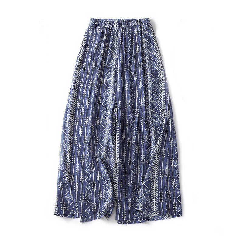 Buddha Stones Blue Stripes Print Cotton Linen Wide Leg Pants With Pockets