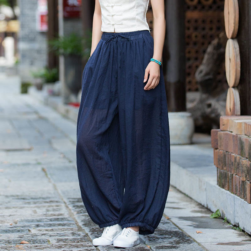 Buddha Stones Summer Plain Color Linen Drawstring Pants With Pockets - SteelBlue - US4-6，UK/AU8-10，EU36-38 (F) - image 0