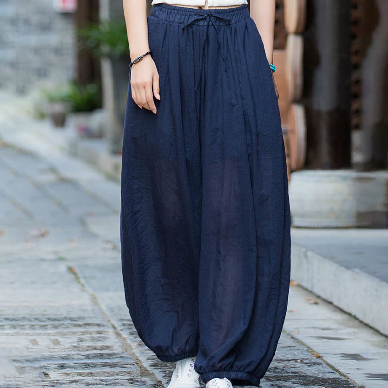 Buddha Stones Summer Plain Color Linen Drawstring Pants With Pockets