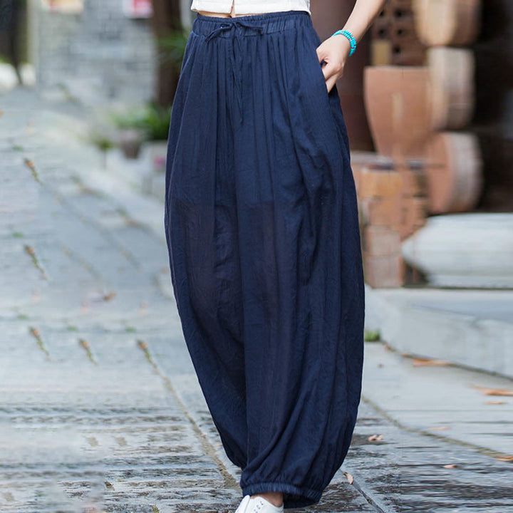 Buddha Stones Summer Plain Color Linen Drawstring Pants With Pockets