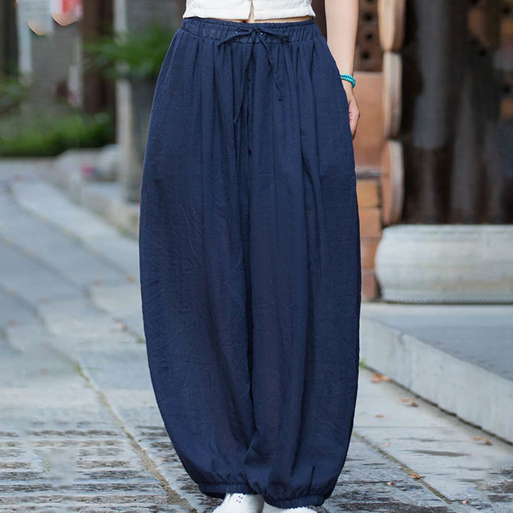 Buddha Stones Summer Plain Color Linen Drawstring Pants With Pockets