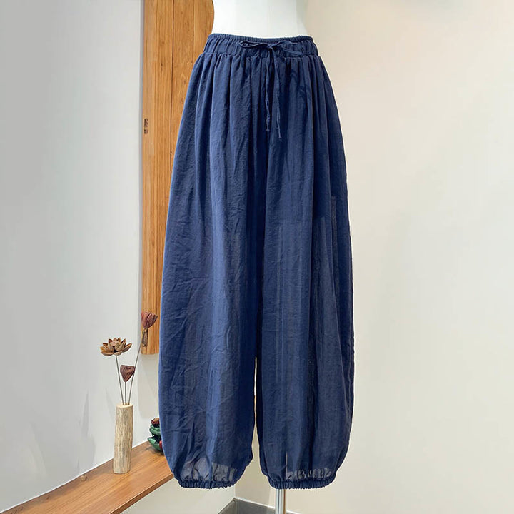 Buddha Stones Summer Plain Color Linen Drawstring Pants With Pockets