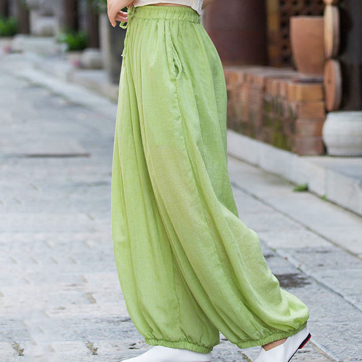 Buddha Stones Summer Plain Color Linen Drawstring Pants With Pockets