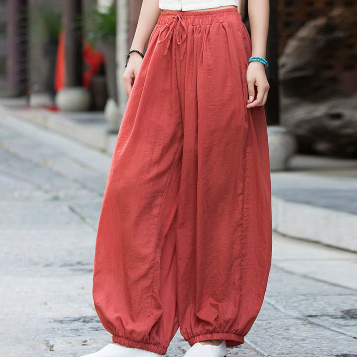 Buddha Stones Summer Plain Color Linen Drawstring Pants With Pockets