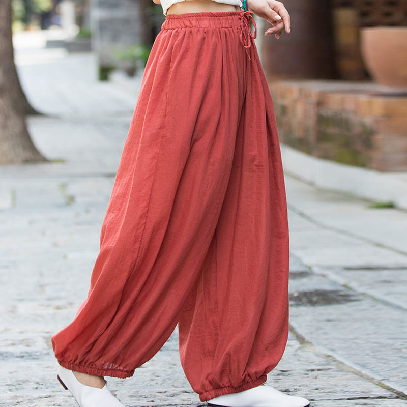 Buddha Stones Summer Plain Color Linen Drawstring Pants With Pockets