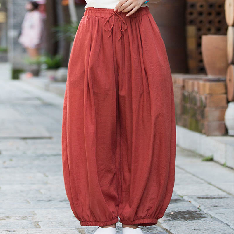 Buddha Stones Summer Plain Color Linen Drawstring Pants With Pockets