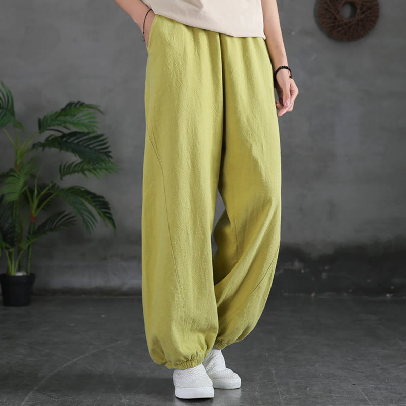 Buddha Stones Plain Color Ramie Linen Cotton Pants With Pockets - YellowGreen - US6，UK/AU10，EU38 (L) - image 15