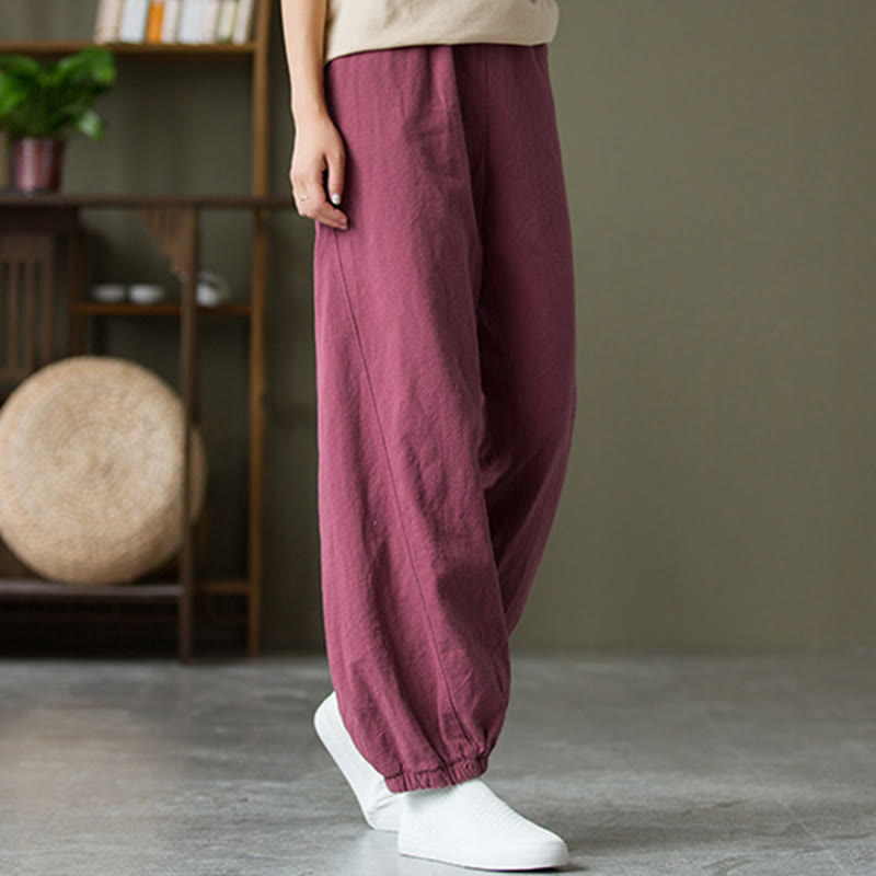 Buddha Stones Plain Color Ramie Linen Cotton Pants With Pockets