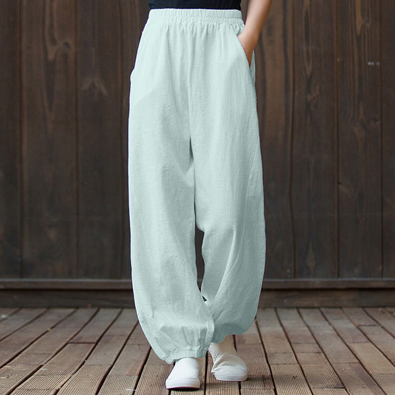 Buddha Stones Plain Color Ramie Linen Cotton Pants With Pockets