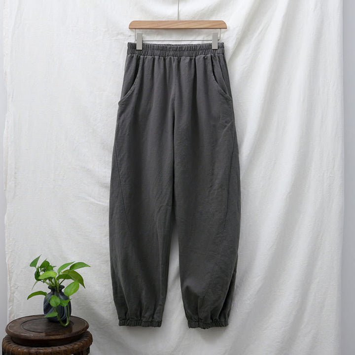 Buddha Stones Plain Color Ramie Linen Cotton Pants With Pockets