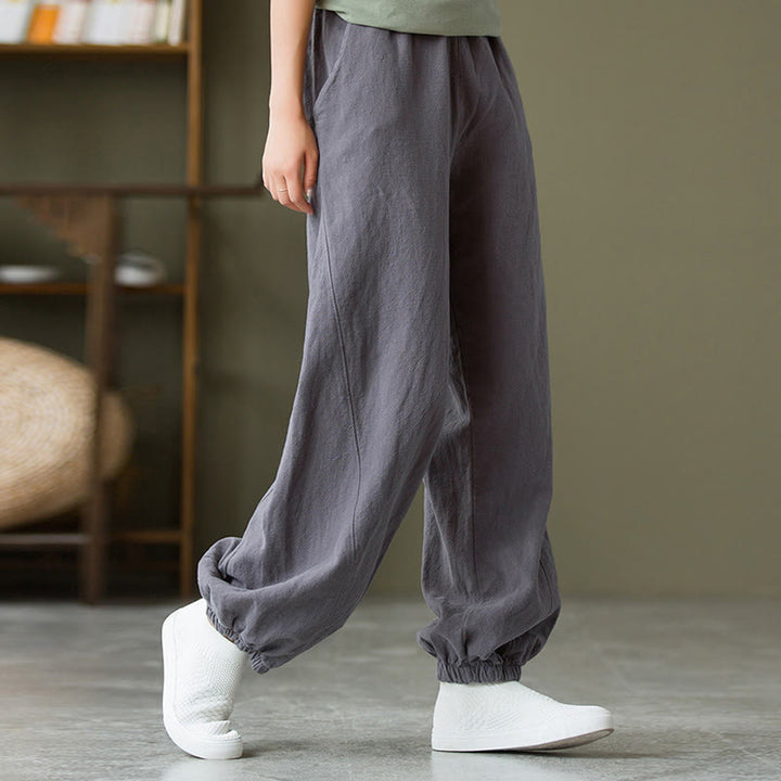 Buddha Stones Plain Color Ramie Linen Cotton Pants With Pockets