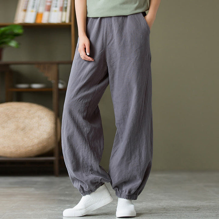 Buddha Stones Plain Color Ramie Linen Cotton Pants With Pockets