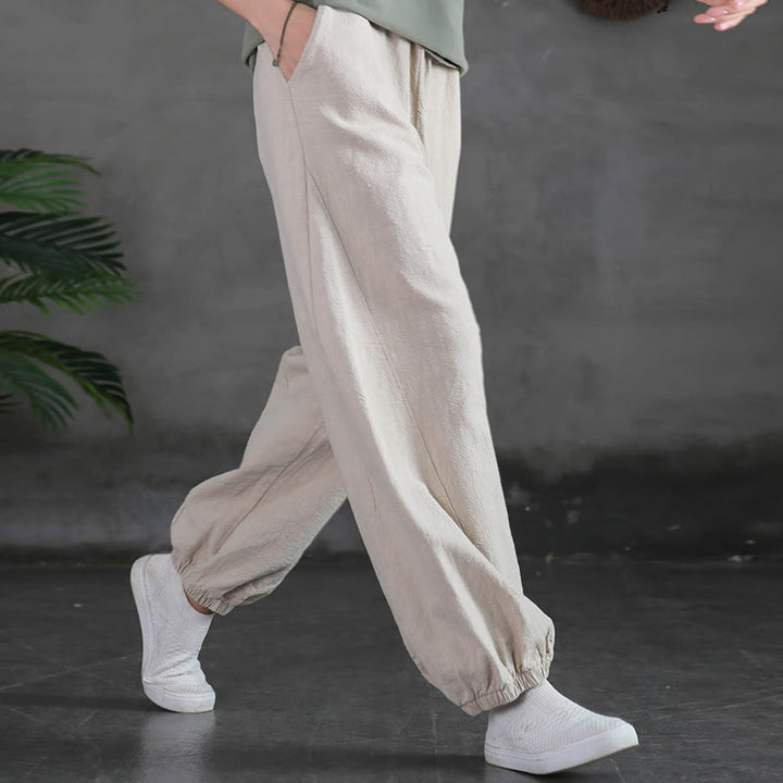 Buddha Stones Plain Color Ramie Linen Cotton Pants With Pockets