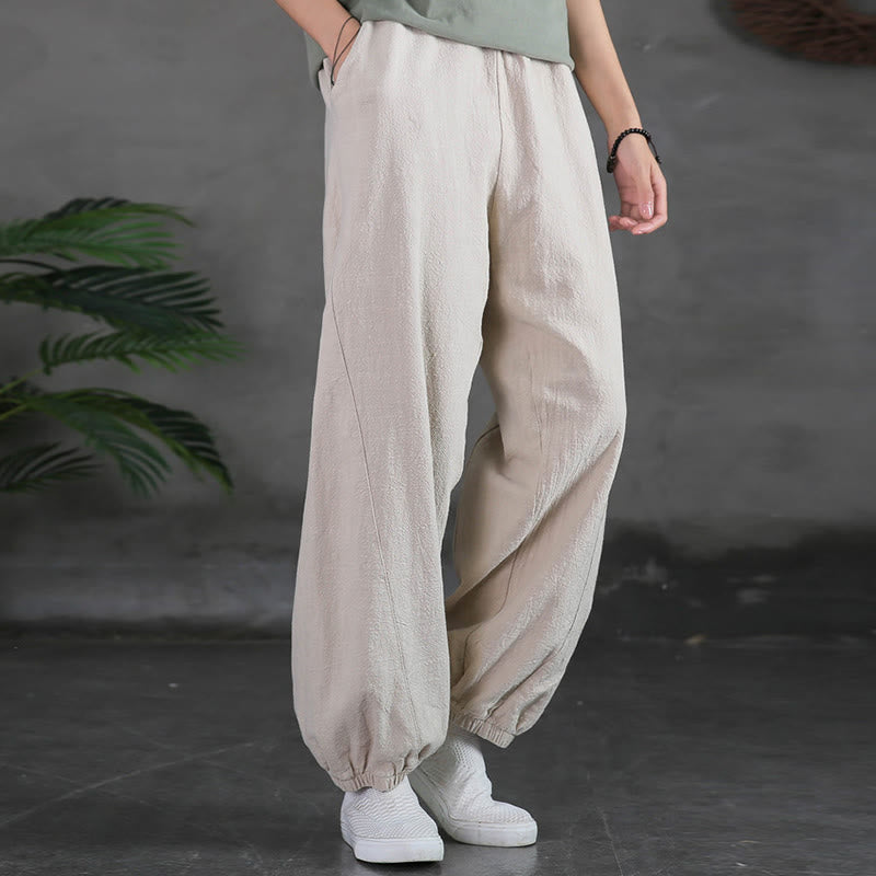 Buddha Stones Plain Color Ramie Linen Cotton Pants With Pockets