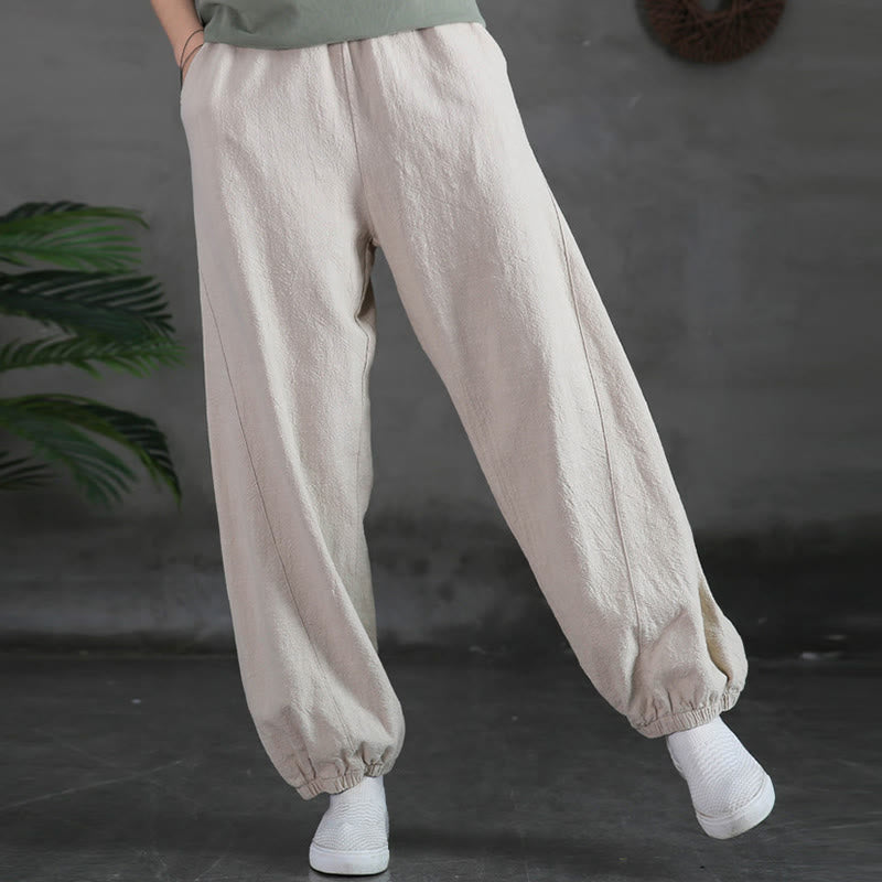 Buddha Stones Plain Color Ramie Linen Cotton Pants With Pockets