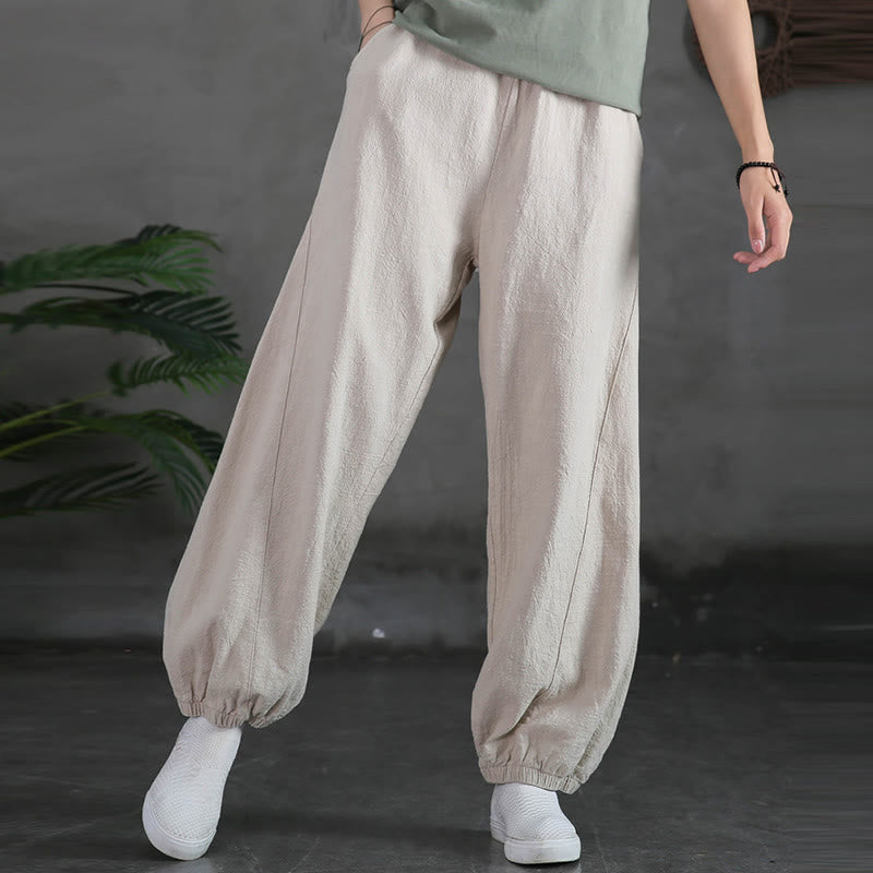 Buddha Stones Plain Color Ramie Linen Cotton Pants With Pockets